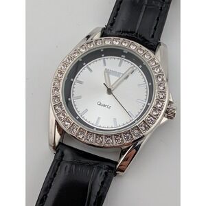 Manhattan by Croton Watch Women 41mm Silver Case Faux Leather Band- New Battery